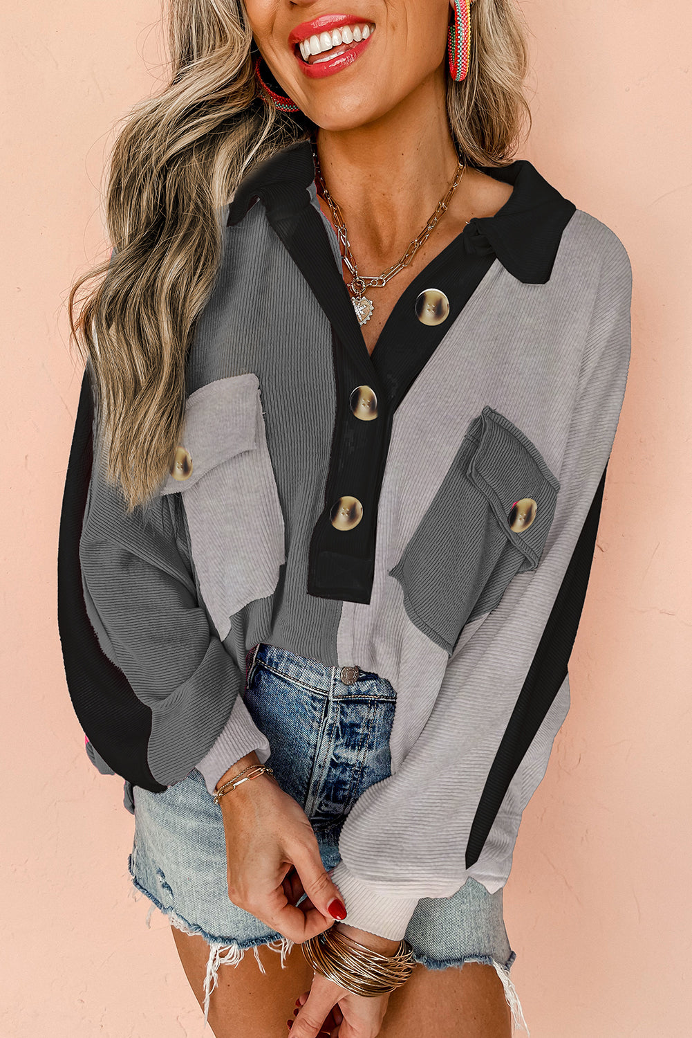 Colourblock Ribbed Collared Oversized Sweatshirt | Gray