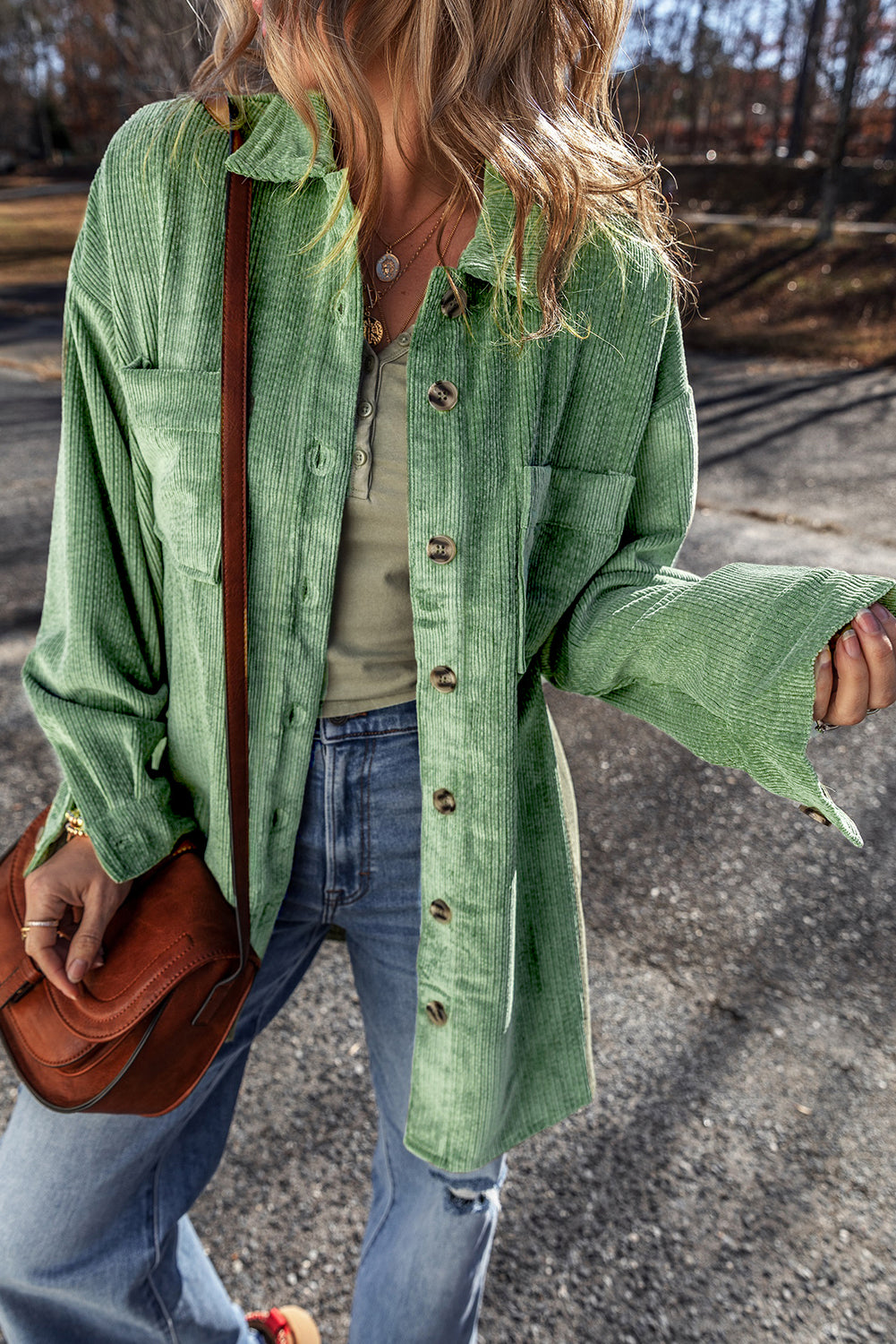 Patched Pocket Button Up Corduroy Shacket | Mist Green