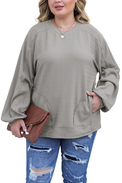 Ribbed Side Pockets Long Sleeve Plus Size Top | Gray