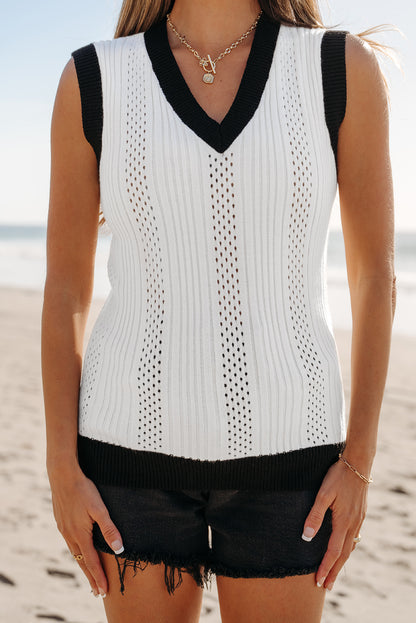 Contrast Trim Eyelet Knit Colourblock V Neck Sweater Vest | White