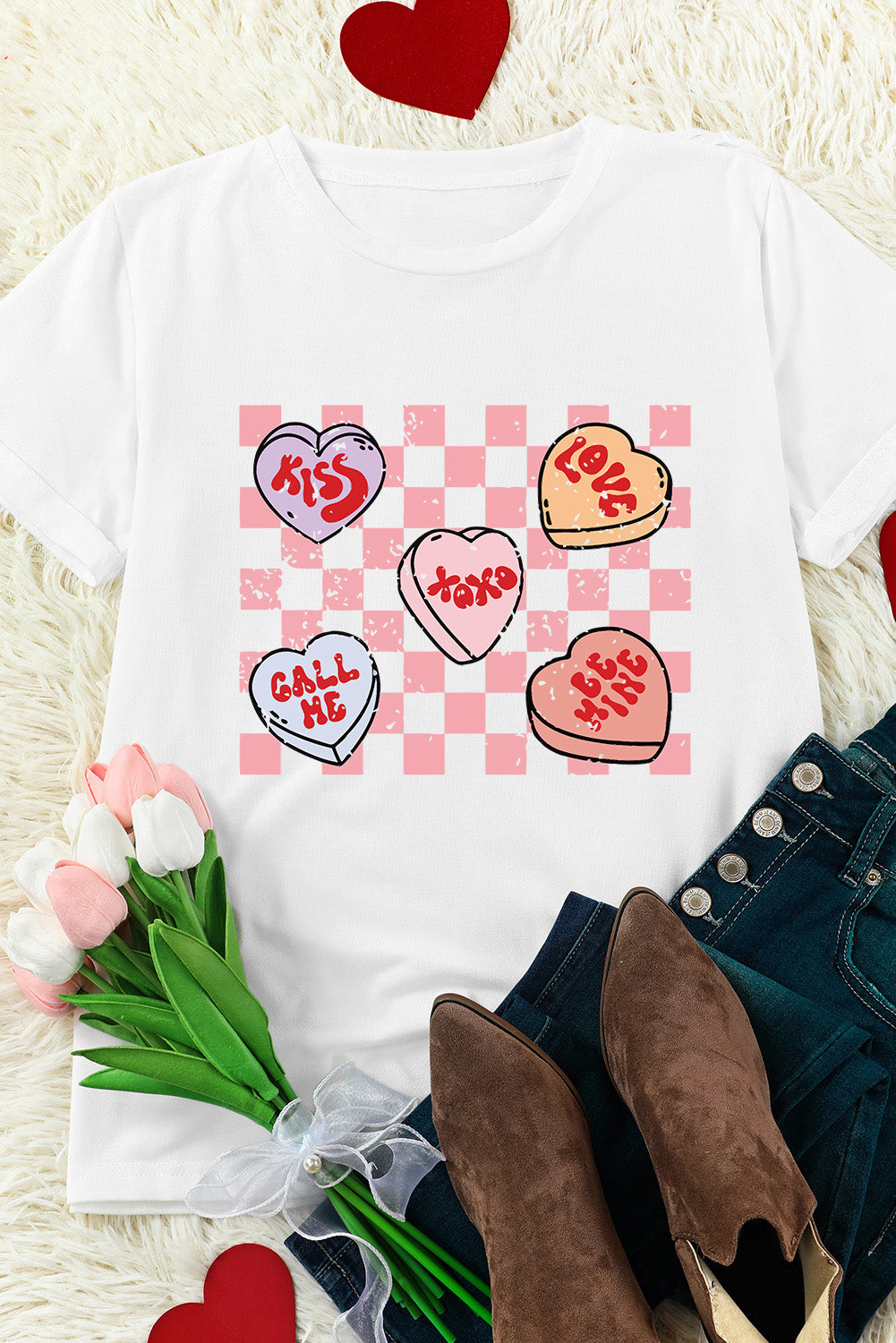 Checkered Valentines Heart Printed Crewneck T Shirt | White