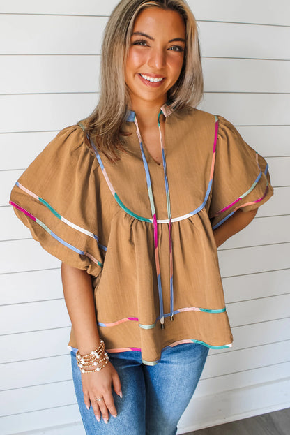 Colourful Trim Wide Short Sleeve V Neck Blouse | Thai Curry