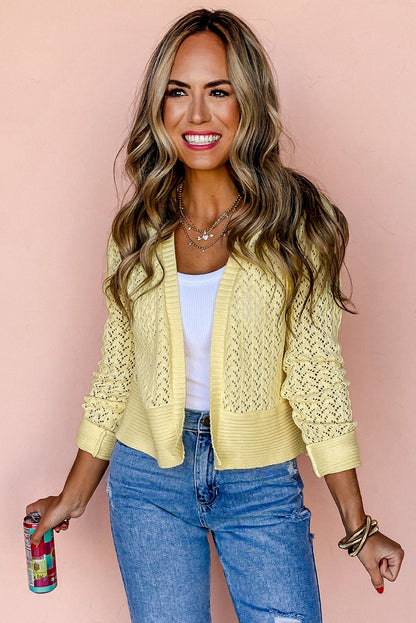 Pointelle Knit Open Front Short Cardigan | Yellow Cream