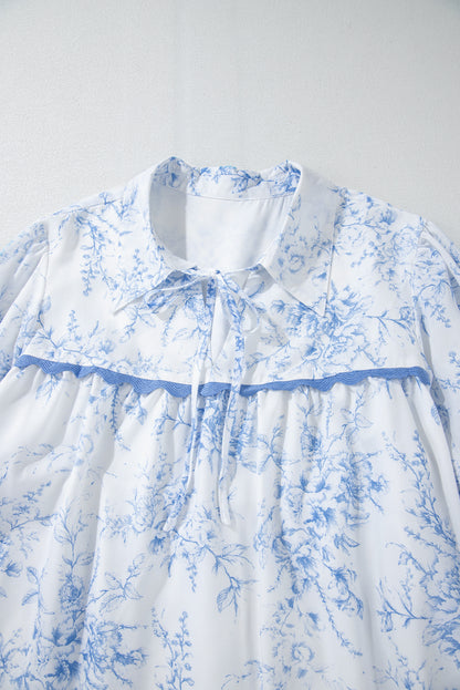 Floral 3/4 Sleeve Tied Collar Blouse | Sky Blue