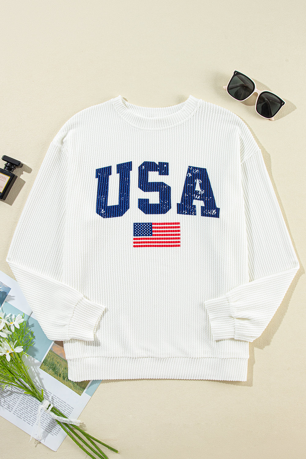 Usa Flag Corded Graphic Sweatshirt | White