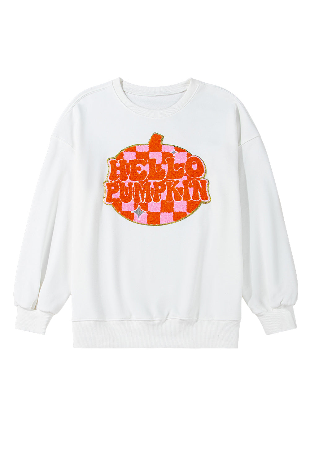 Terry Halloween Pumpkin Patched Pattern Pullover Sweatshirt | White