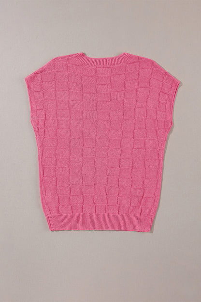 Lattice Textured Knit Short Sleeve Sweater | Bright Pink