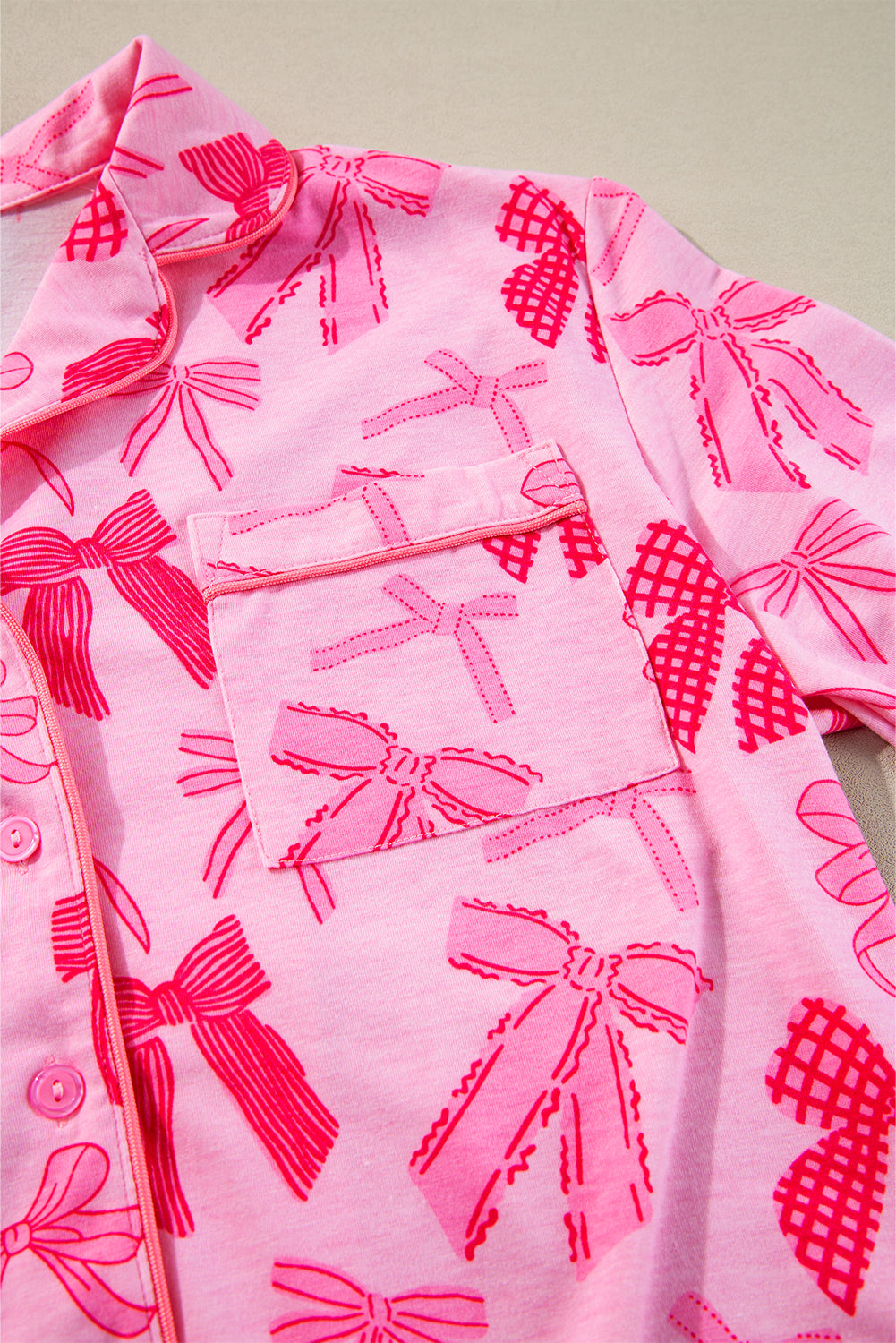 Bow Knot Print Lapel Collar Short Sleeve And Pants Pajamas Set | Pink