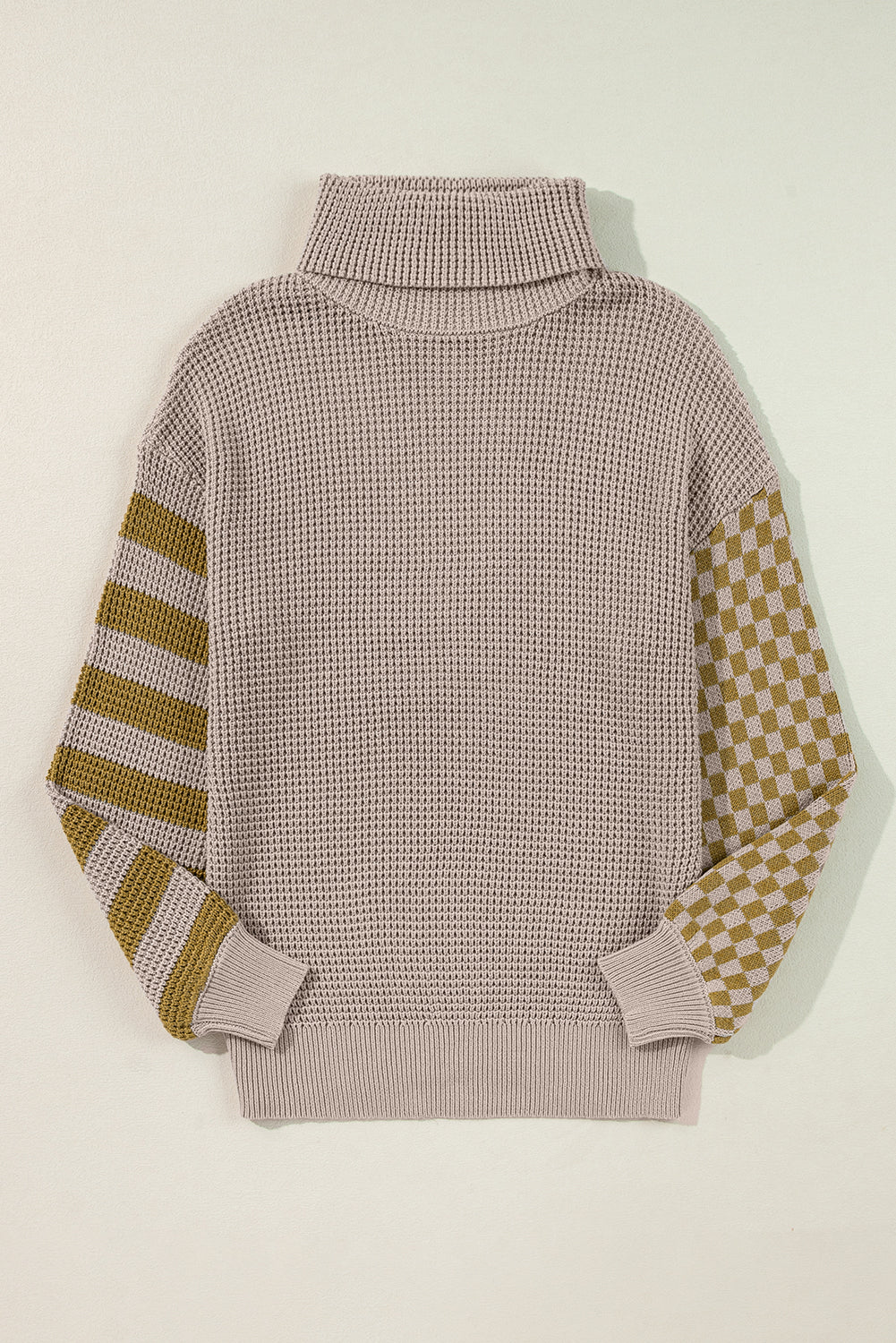 Striped Plaid Patchwork Waffle Knit Turtleneck Sweater | Smoke Gray