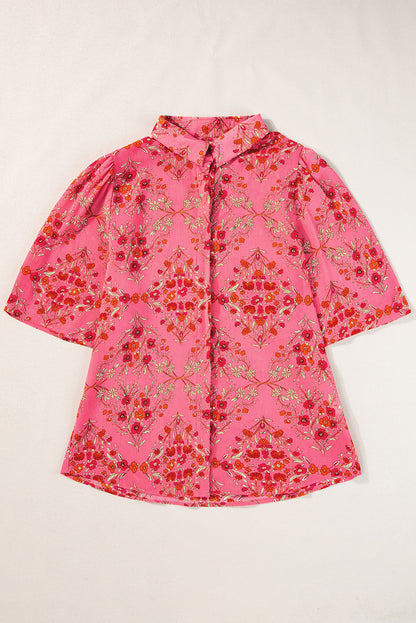 Floral Print Wide Short Sleeve Loose Shirt | Rose Red