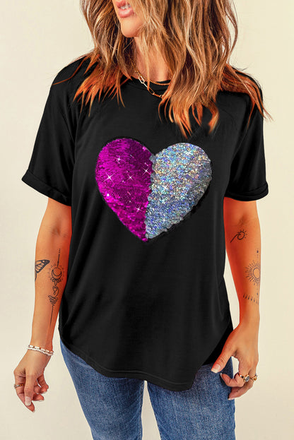 Valentine Two Tone Sequined Heart Shaped Graphic T Shirt | Black