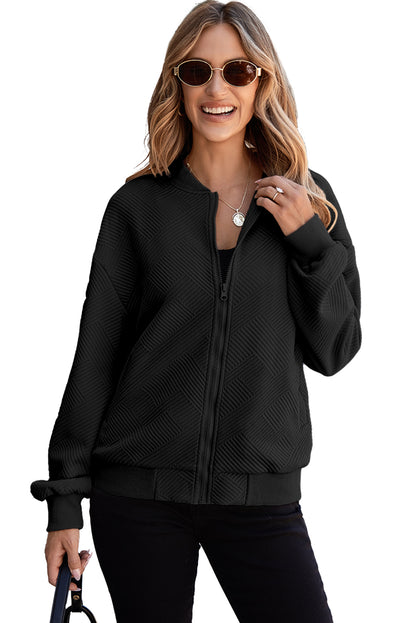 Solid Textured Stand Neck Zipper Bomber Jacket | Black