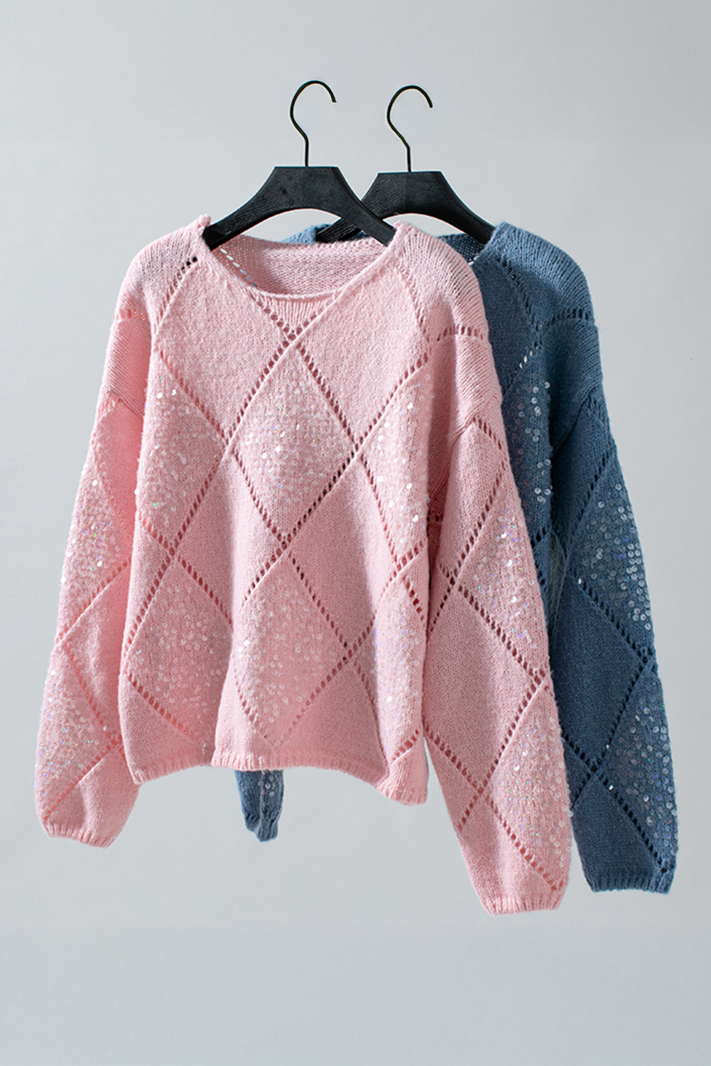 Hollowed Rhombus Pattern Sequin Detail Round Neck Sweater | Light Pink