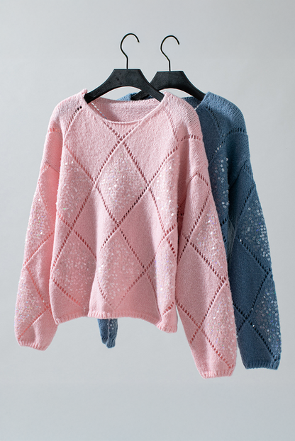 Hollowed Rhombus Pattern Sequin Detail Round Neck Sweater | Light Pink