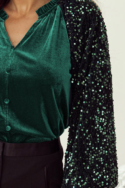 Sequin Patchwork Sleeve Button Up Velvet Top | Evergreen