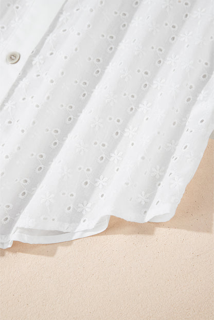 Floral Embroidered Puff Sleeve Eyelet Patchwork Shirt | White