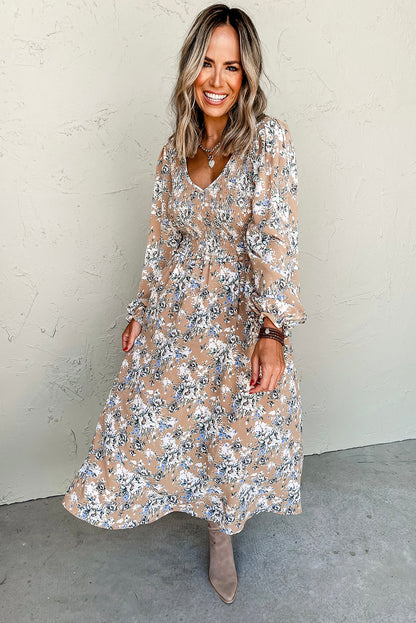 Maple Grove Floral Smocked Puff Sleeve Long Dress | Khaki