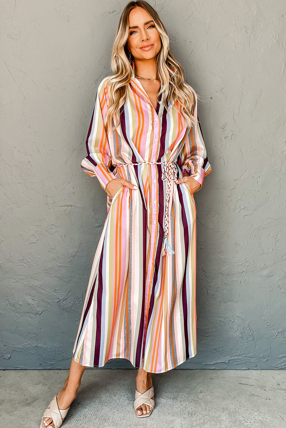 Multicolour Striped Cuffed Sleeve Tassel Tied Shirt Maxi Dress | White