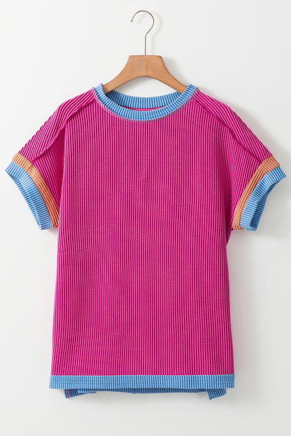 Textured Contrast Trim Round Neck T Shirt | Bright Pink