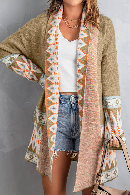 Aztec Print Open Front Knitted Cardigan | Khaki