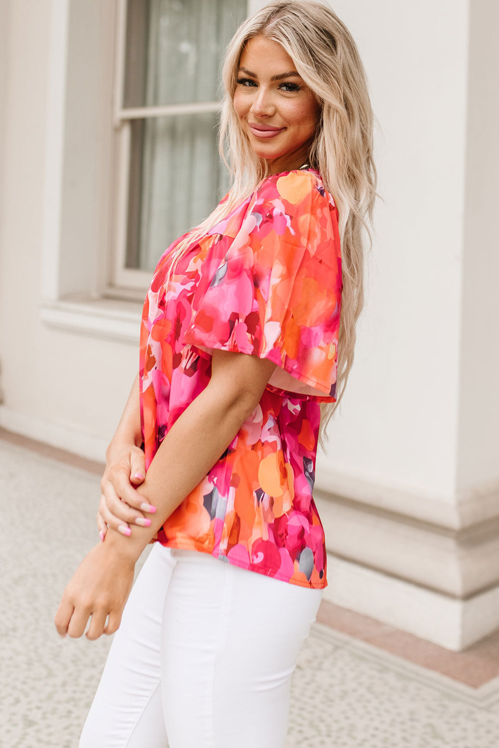 Fiery  Floral Print Wide Sleeve Blouse | Red