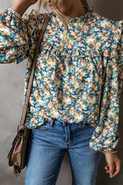 Floral Print Frilled Mock Neck Puff Sleeve Blouse | Sky Blue