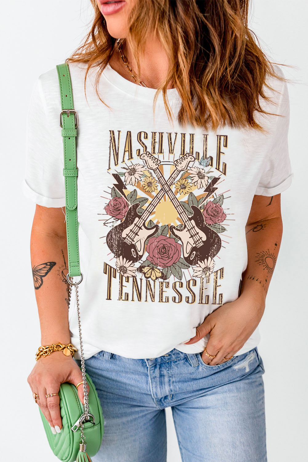 Nashville Tennessee Guitar Rose Graphic Crewneck Tee | White