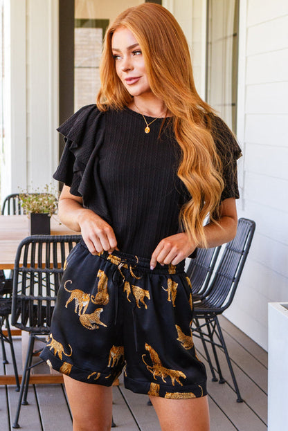 Braided Textured Ruffled Sleeve Top | Black