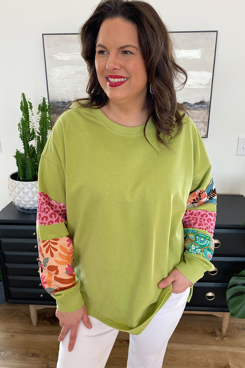 Plus Size Printed Patchwork Sleeve Split Sweatshirt | Green