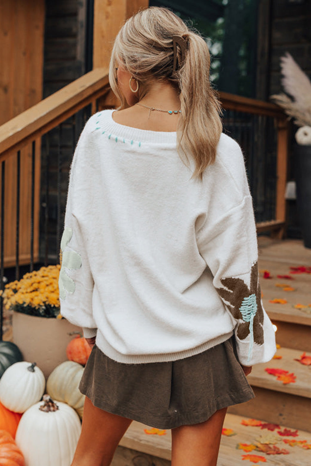 Big Flower Pattern V Neck Drop Shoulder Sweater | White