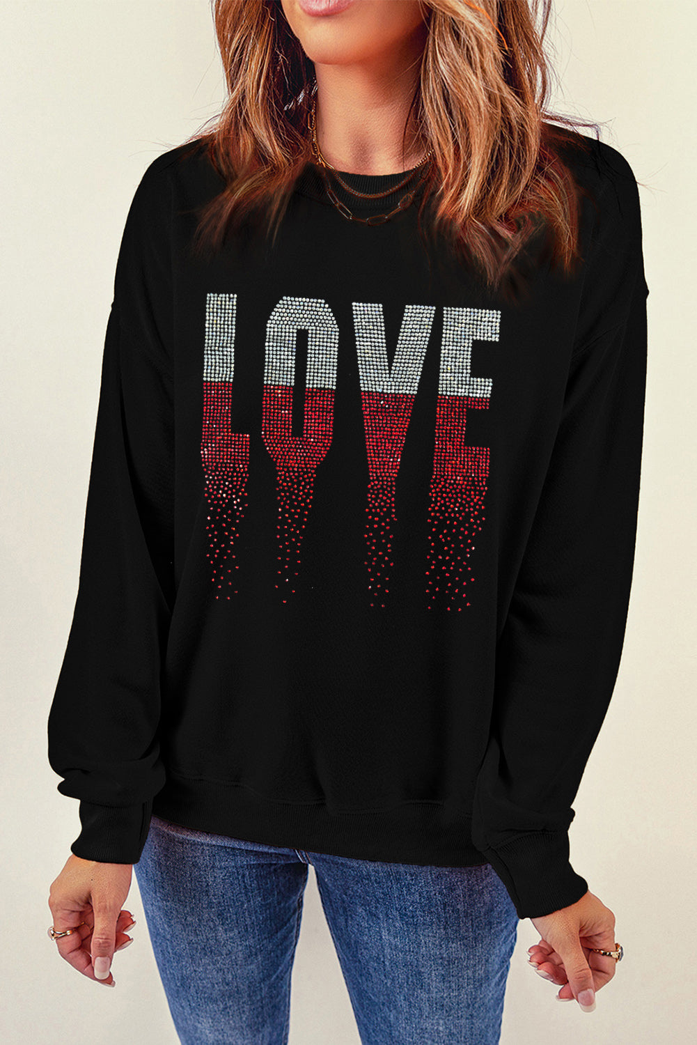 Rhinestone Love Graphic Crewneck Valentines Sweatshirt | Black