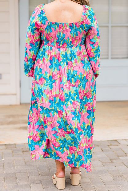 Floral Allover Print Shirred Square Neck Plus Size Maxi Dress | Sky Blue