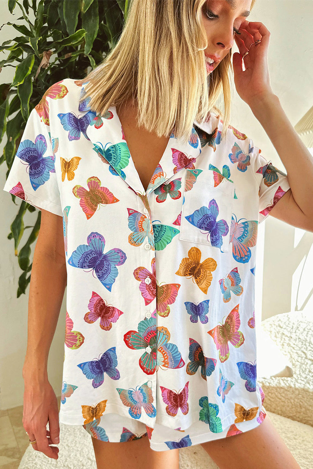 Butterfly Pattern Short Sleeve Shirt Pajamas Set | Multicolour