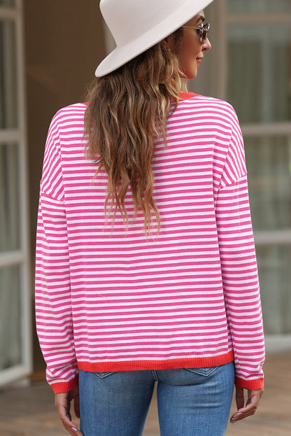 Contrast Trimmed Striped Drop Shoulder Sweater | Pink