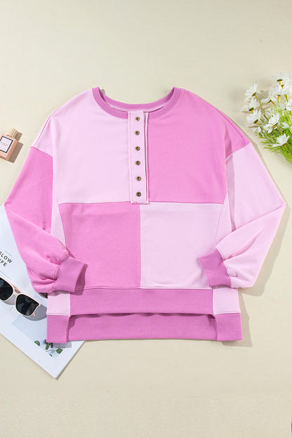 Colourblock Henley High Low Oversize Sweatshirt | Pink