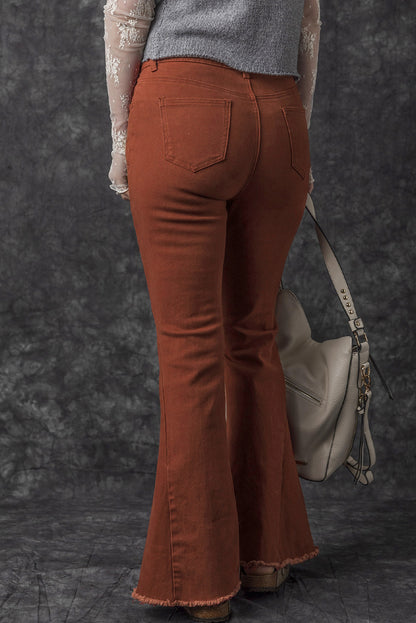 High Waist Raw Hem Flare Jeans | Red