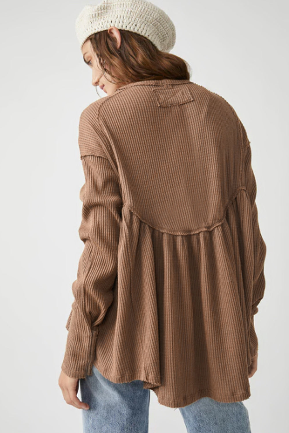 Solid Colour Ribbed Long Sleeve Peplum Blouse | Brown