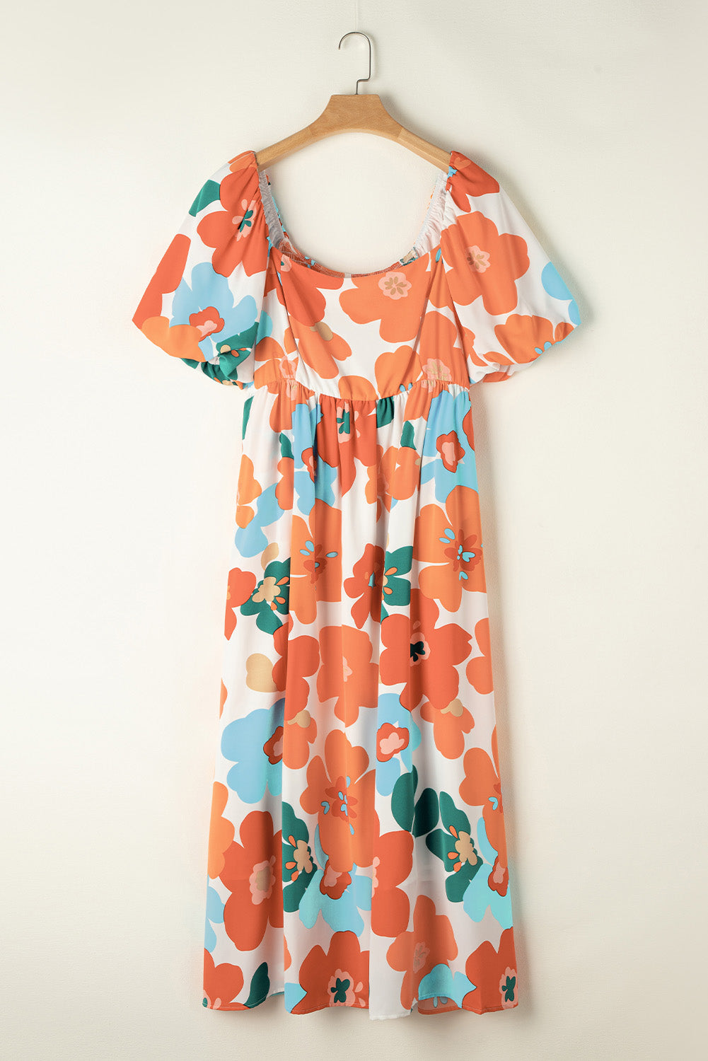 Plus Size Flower Print Shirred Square Neck Maxi Dress | Orange