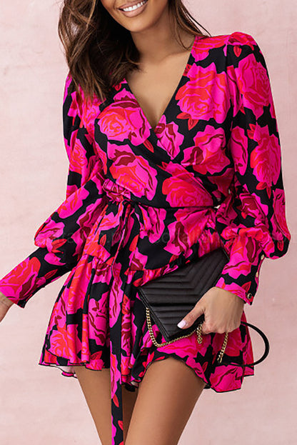 Floral Print V Neck Wrap Bishop Sleeve Ruffle Tiered Mini Dress | Rose