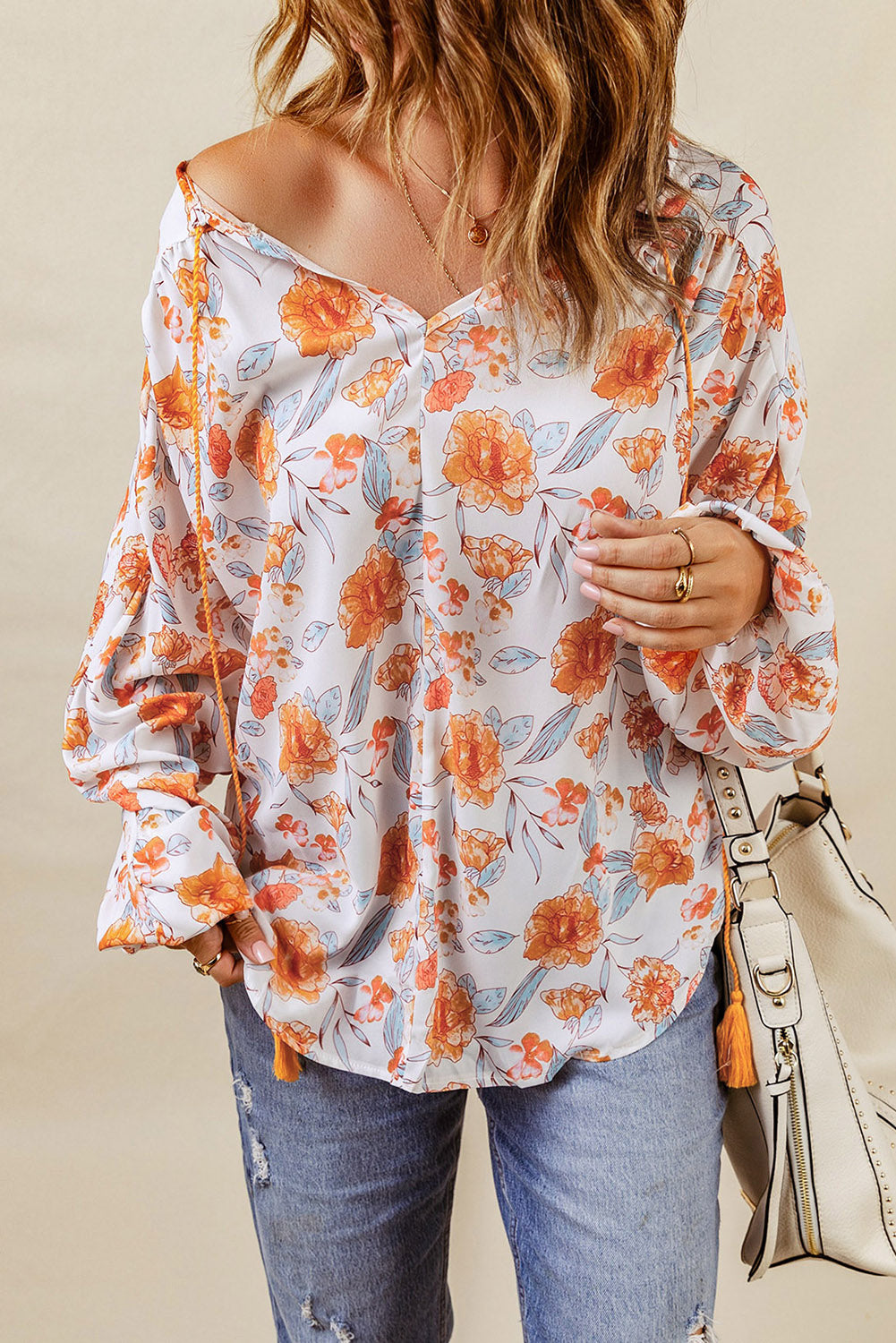 Split V Neck Floral Print Dolman Blouse | Orange