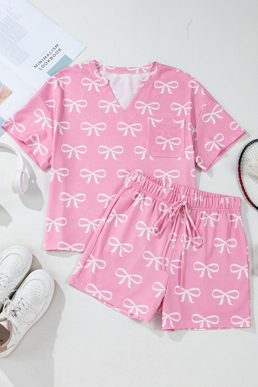 Waffle Knit Bowknot Printed V Neck T Shirt And Shorts Set | Pink