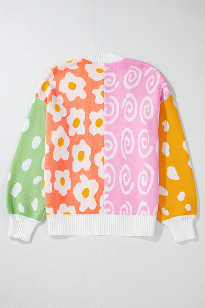 Flower & Dotted Mixed Print Colourblock Open Front Cardigan | Orange