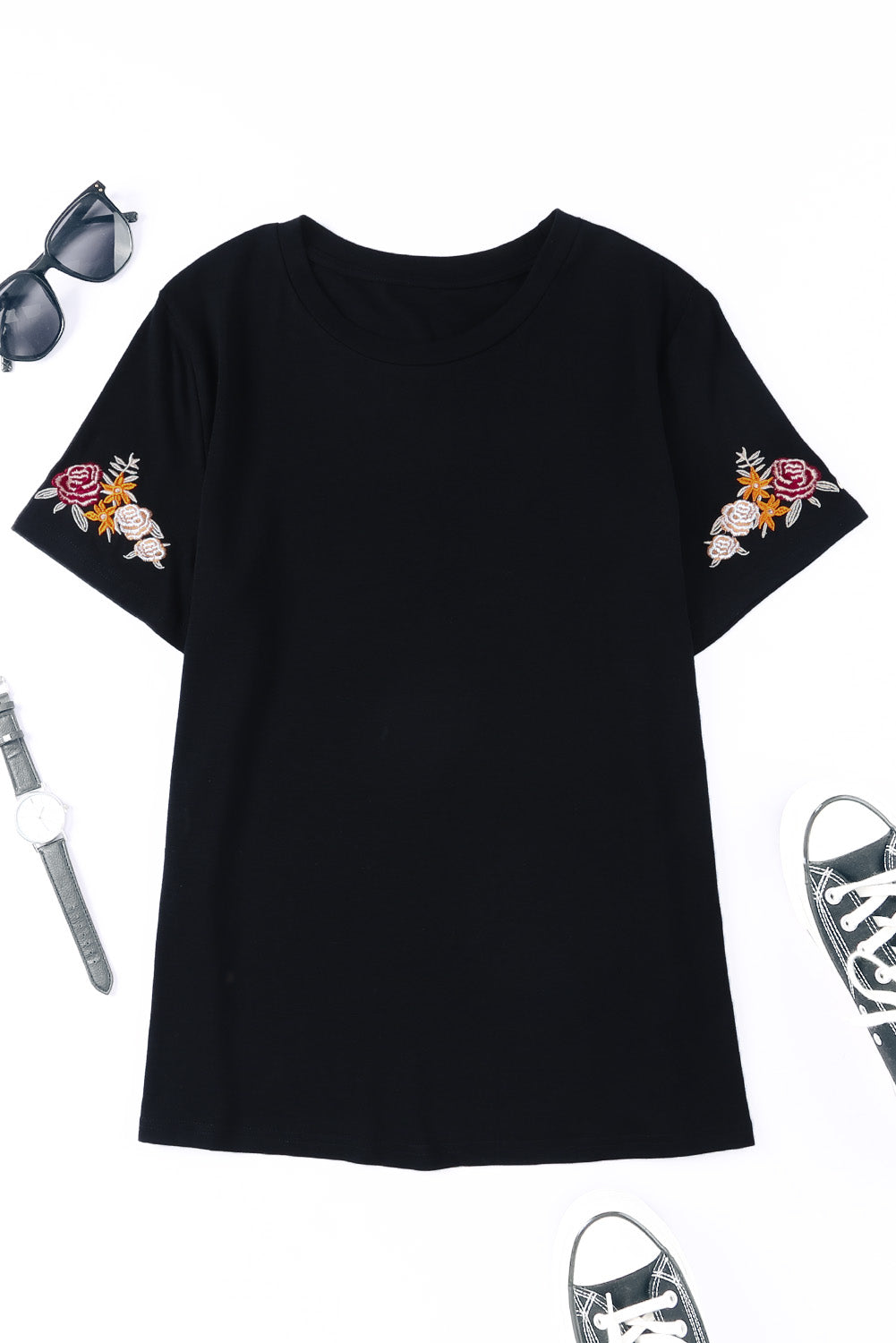 Floral Embroidered Round Neck Short Sleeve T Shirt | Black