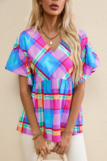 Colourful Plaid V Neck Ruffled Short Sleeve Babydoll Top | Sky Blue