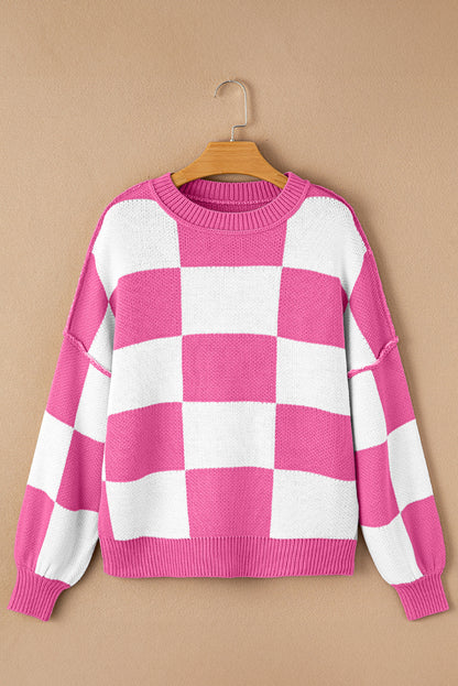 Checkered Bishop Sleeve Sweater | Rose