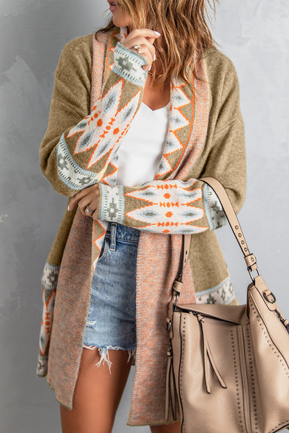 Aztec Print Open Front Knitted Cardigan | Khaki