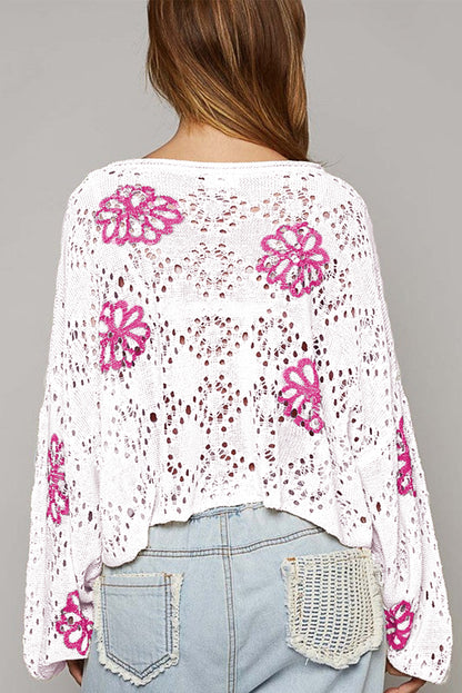 Contrast Flower Print Eyelet Drop Shoulder Sweater | White