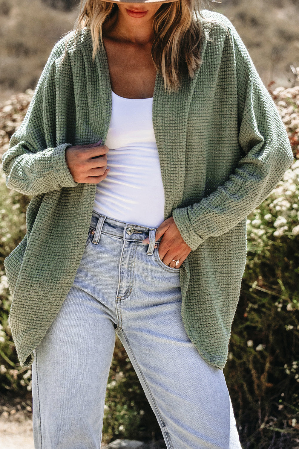 Waffle Knit Open Front Cardigan | Laurel Green