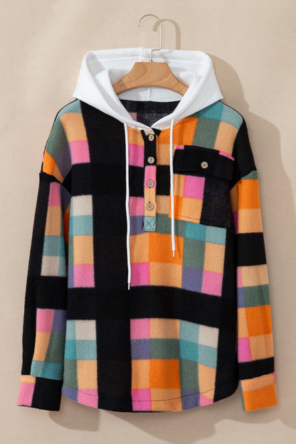 Plaid Colour Block Flap Pocket Buttoned Hoodie | Multicolour