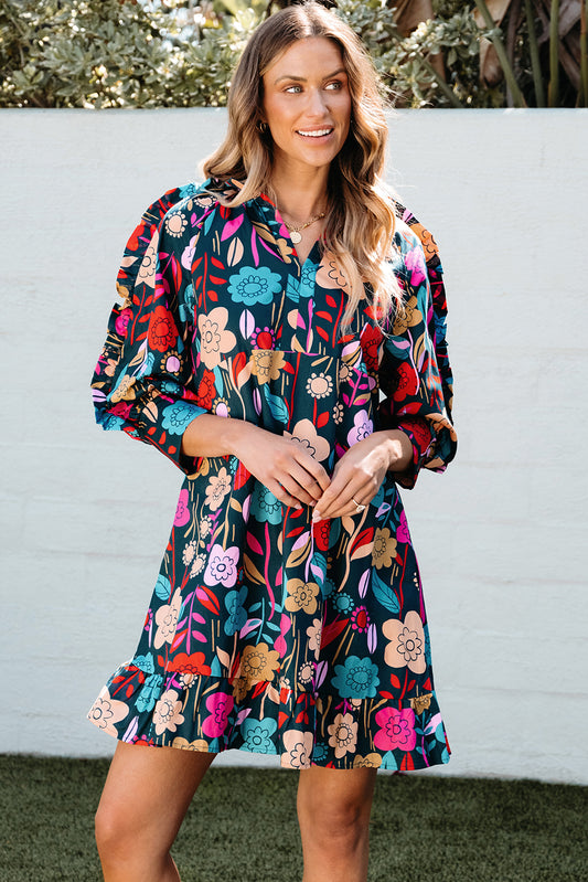 Floral Print Puff Sleeve Ruffled Mini Dress | Green